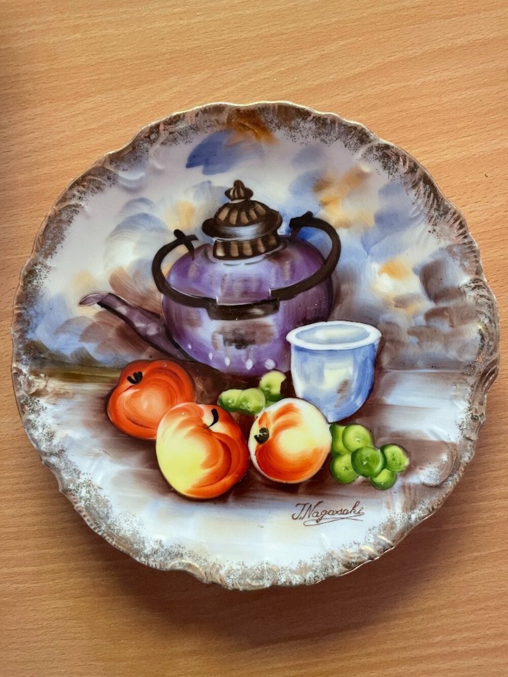 J.Nagasaki hand painted plate still life teapot fruits gold edge signed 8.5"